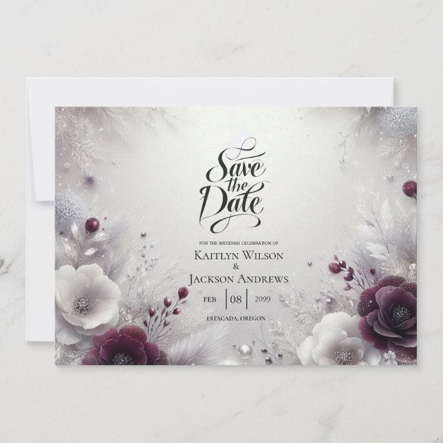 Reserve A Data Snow-Kissed Plum and Ivory Floral Save the Date (Frente)
