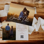 Reserve A Data Sobreposição de Script Elegante | Duas Fotografias<br><div class="desc">Estes cartões salve a data elegantes apresentam a tipografia clássica do roteiro branco moderno na frente como uma sobreposição na sua foto. O fundo tem um fundo abstrato neutro com texto boho terracotta e outra foto,  junto com um código de QR digitalizável para adicionar seu site de casamento.</div>