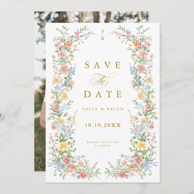 Reserve A Data Soft Pastel Ornate Spring Garden Gold Wedding (Frente/Verso)