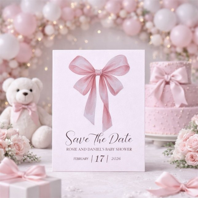 Reserve A Data Soft Pink Bow Girl Baby Shower (Soft Pink Bow Girl Baby Shower Save The Date)