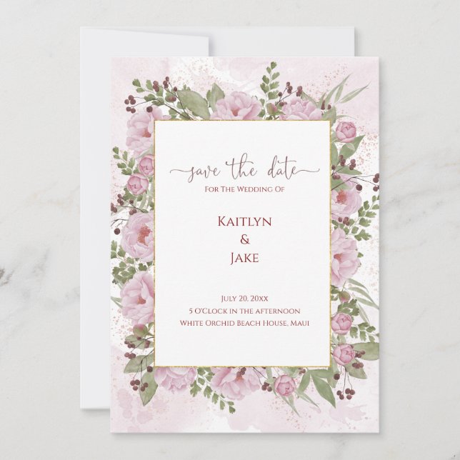 Reserve A Data Soft Pink Peony Wedding Invitation (Frente)
