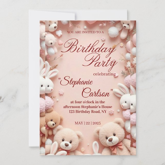 Reserve A Data Soft Pink Teddy Bear Birthday Invitation (Frente)