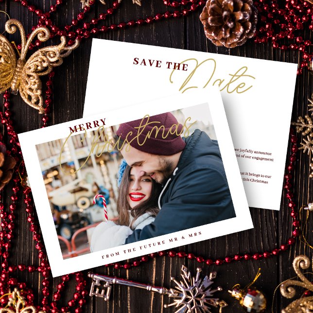 Reserve A Data  Sophisticated Simple Classic Calligraphy Photo  (Sophisticated Classic Calligraphy Photo Merry Christmas in Fake Gold and Dark Red Holiday Card.)