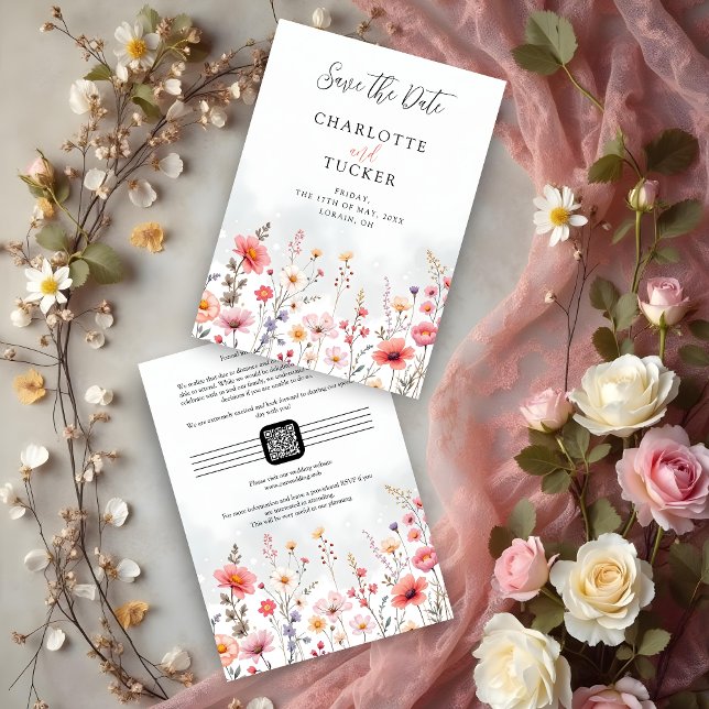 Reserve A Data Spring-Inspired Rustic Boho Romantic Wildflowers (Spring-Inspired Rustic Boho Romantic Wildflowers Wedding Save the Date Cards with QR Code in Pink.)