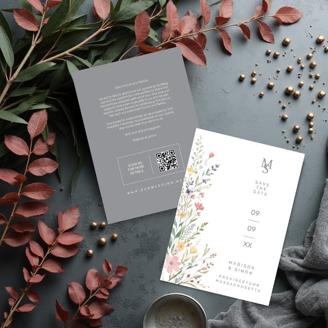 Reserve A Data Spring Sweet Wildflowers Branches Wedding Gray (Spring Sweet Wildflowers Branches Wedding Save the Date Card with Back QR Code and Soft Gray Back.)