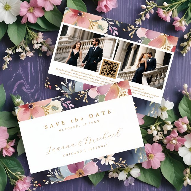 Reserve A Data Springtime Beautiful Abstract Floral Two Photos (Springtime Beautiful Abstract Floral Soft Watercolor Hues Wedding Save the Dates Cards with 2 Photos)