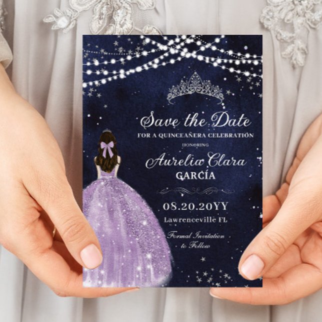 Reserve A Data StarNight Purple Lilac Gown Silver Quinceañera (starry night quinceanera sweet 16 birthday purple lilac dress dark sky save the date cards )