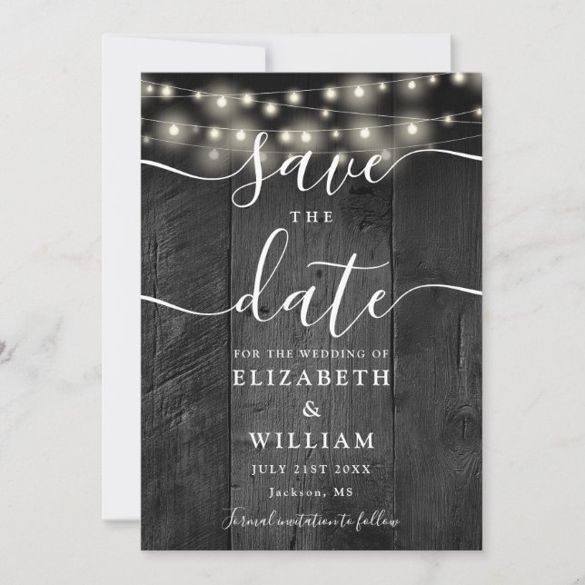 Reserve A Data String Luzes Rustic Black Wood Barn Boho Casamento (Frente)