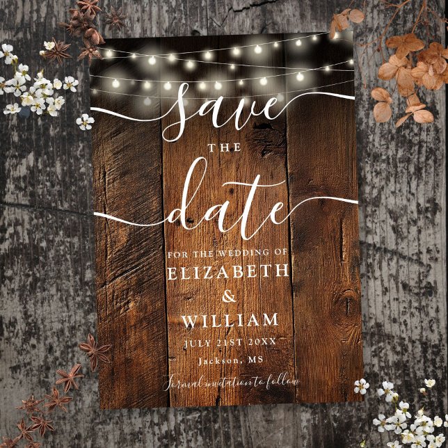 Reserve A Data String Luzes Rustic Wood Barn Boho Casamento (String Lights Rustic Wood Barn Boho Wedding Save The Date)