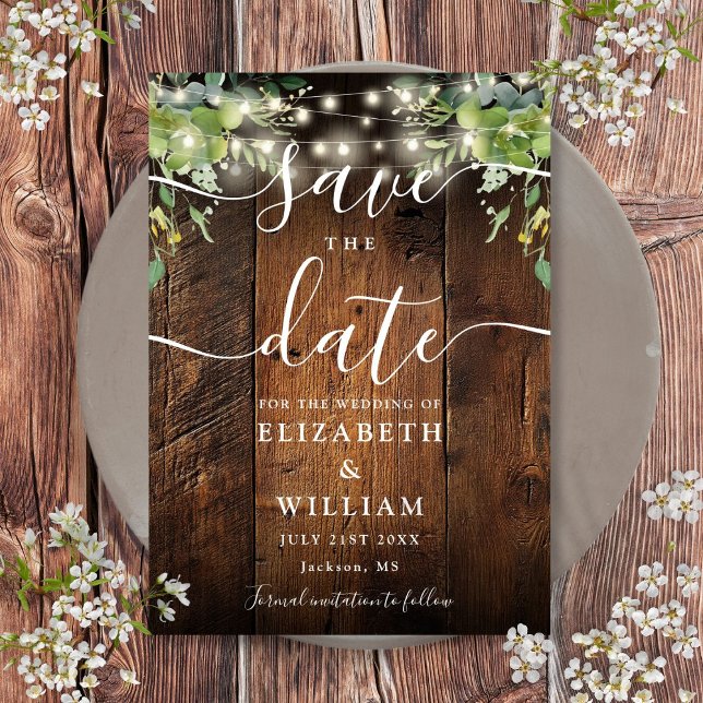 Reserve A Data String Luzes Rustic Wood Greenery Casamento (String Lights Rustic Wood Greenery Wedding Save The Date)