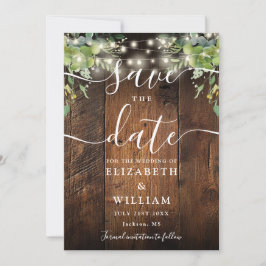 Reserve A Data String Luzes Rustic Wood Greenery Foto Casamento