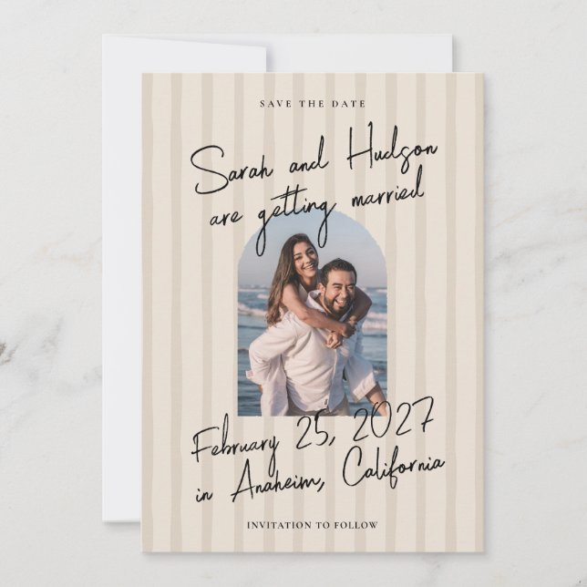Reserve A Data Striped Modern Handwritten Script Photo Wedding (Frente)