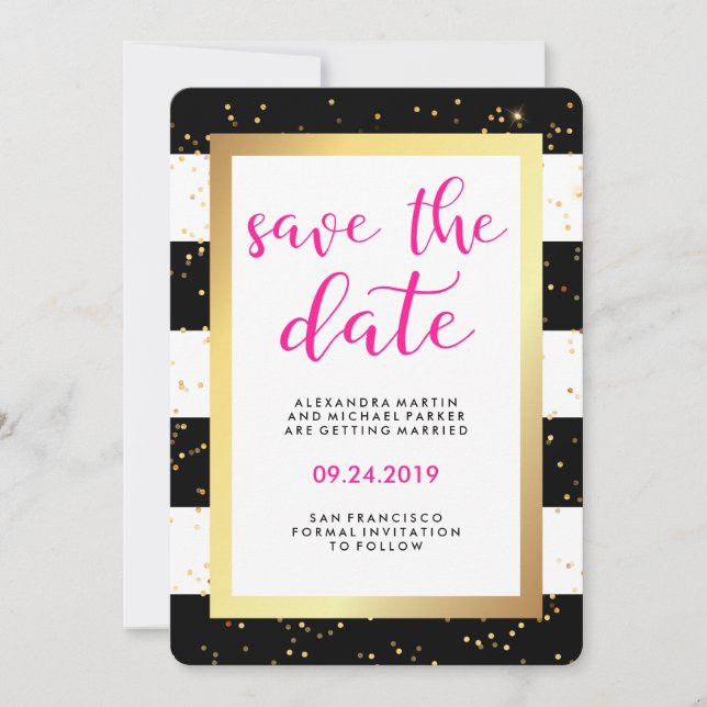 Reserve A Data Stripes Pretas e Brancas com Dourado Salvar a Data (Frente)