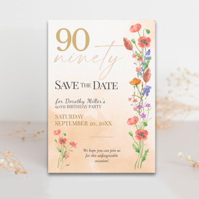Reserve A Data Suave Wildflower 90º Aniversário para Ela - Elegan (Criador carregado)