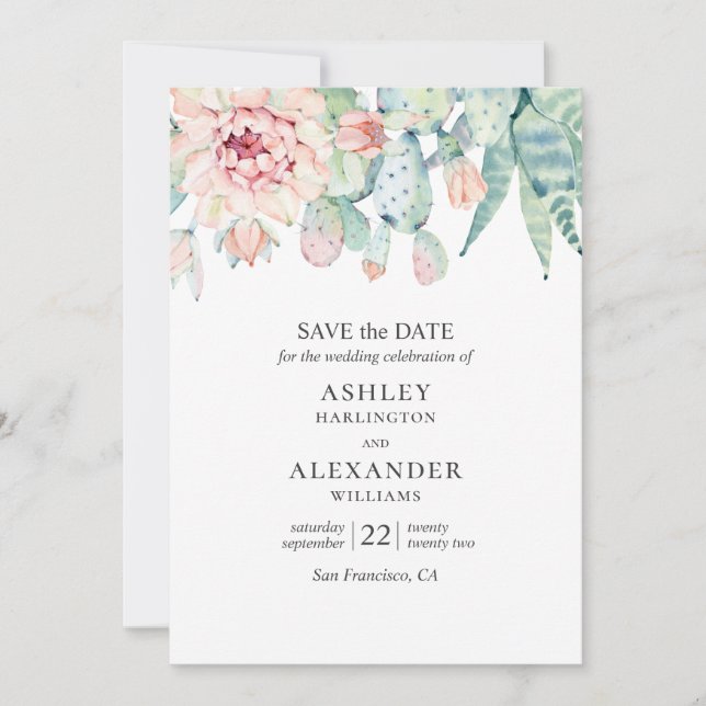 Reserve A Data Suculentes florais de aquarelas. Cacto verde e azu (Frente)