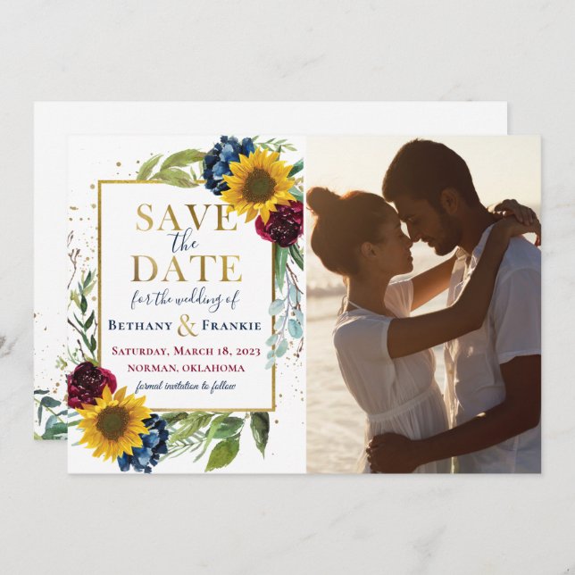 Reserve A Data Sunflower Burgundy Blue Floral Photo Save the Date (Frente/Verso)