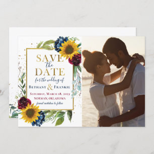 Reserve A Data Sunflower Burgundy Blue Floral Photo Save the Date