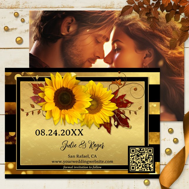 Reserve A Data Sunflower Dourado Black Photo Save the Date Card (Save the Date card with festive sunflowers and fall leaves on sparkling gold and black stripes)