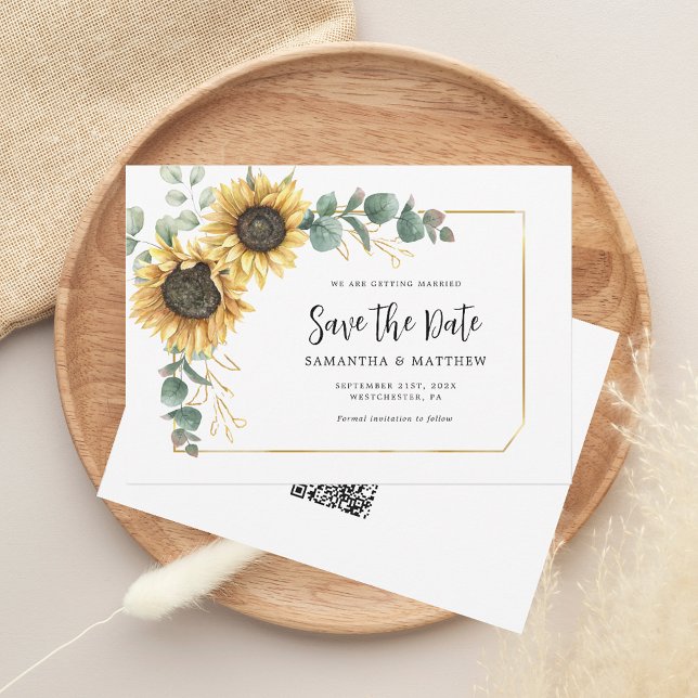 Reserve A Data Sunflower Eucalyptus Floral Código QR (Sunflower Floral Eucalyptus Wedding Save the Date Morgana Script QR Code Announcement)