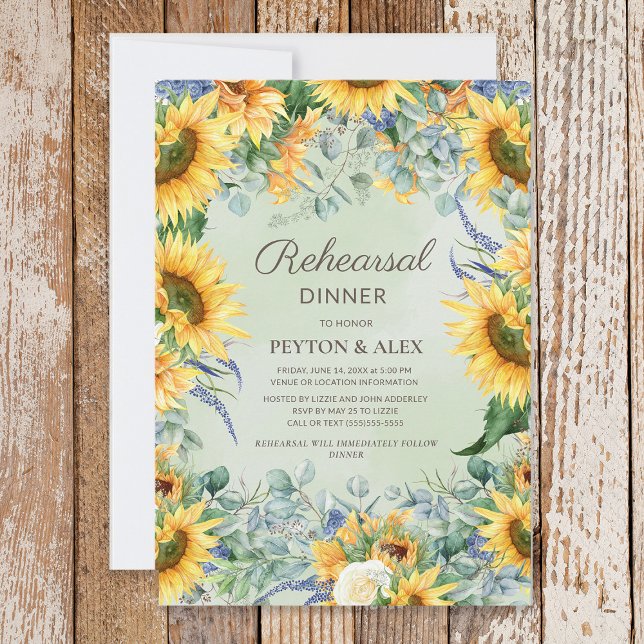 Reserve A Data Sunflower Sage Verde Eucalyptus deixa ensaio (Sunflowers and eucalyptus leaves Rehearsal Dinner invitation)