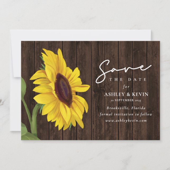 Reserve A Data Sunflower Sobre Casamento De Madeira (Frente)