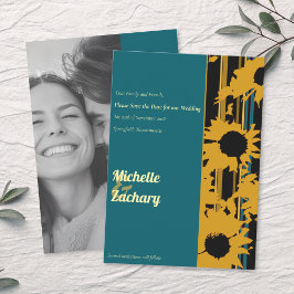 Reserve A Data Sunflower Teal Blue Gold Wedding Photo