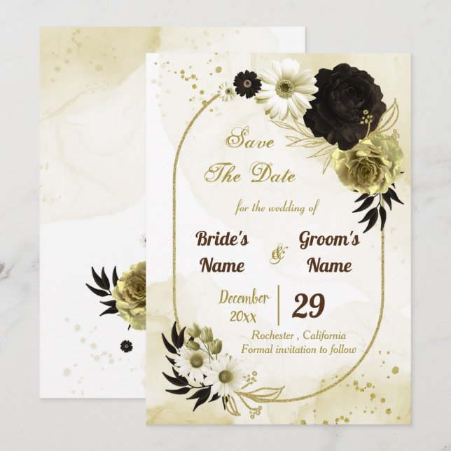 Reserve A Data Surpreendentes flores marrom de ouro geométrico (Frente/Verso)