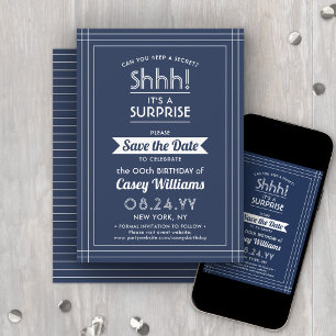 Reserve A Data Surpresa de Aniversário Azul-Navy e Branco para Do