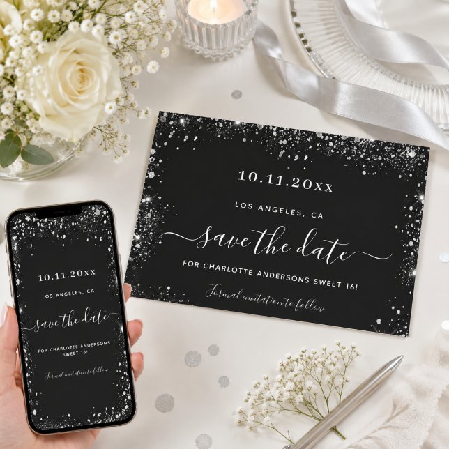 Reserve A Data Sweet 16 black silver glitter save the date (Criador carregado)