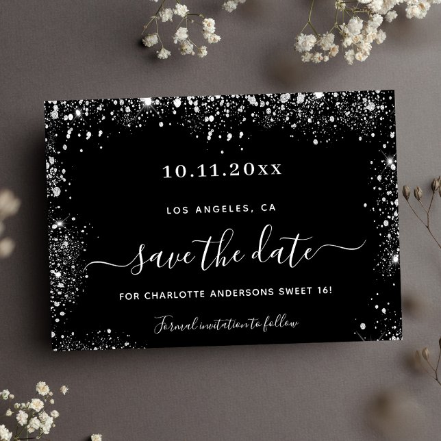Reserve A Data Sweet 16 black silver glitter save the date (Criador carregado)
