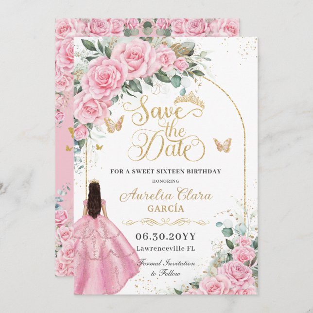 Reserve A Data Sweet 16 Quinceanera Pink Roses Floral Fair Gold (Frente/Verso)