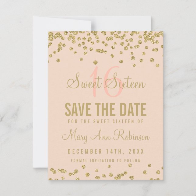 Reserve A Data Sweet 16 "Save Date" Dourado Lâmpada de Confetti (Frente)