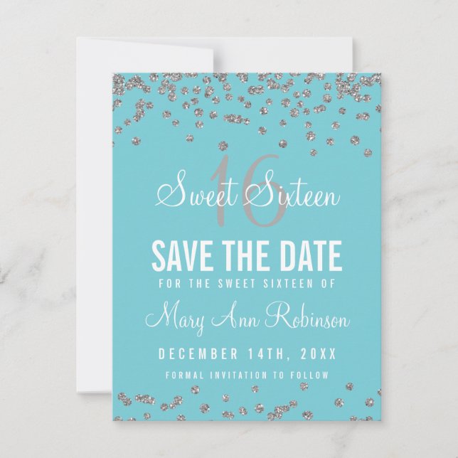 Reserve A Data Sweet 16 Save Date Silver Glitter Confetti Blue (Frente)
