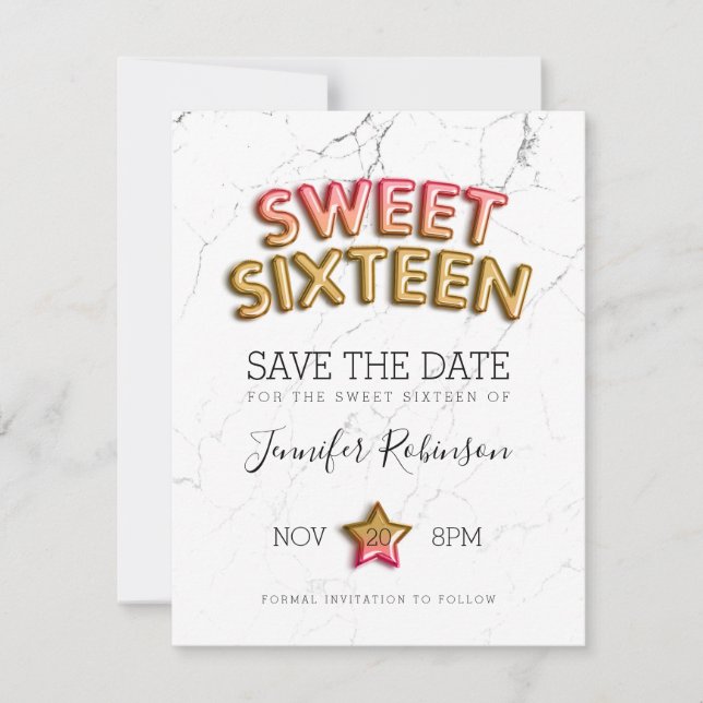 Reserve A Data Sweet 16 Save The Date Blush Dourado Balloons Glit (Frente)