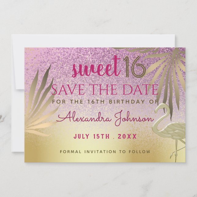 Reserve A Data Sweet 16 Save The Date Flamingo Pink and Dourado (Frente)