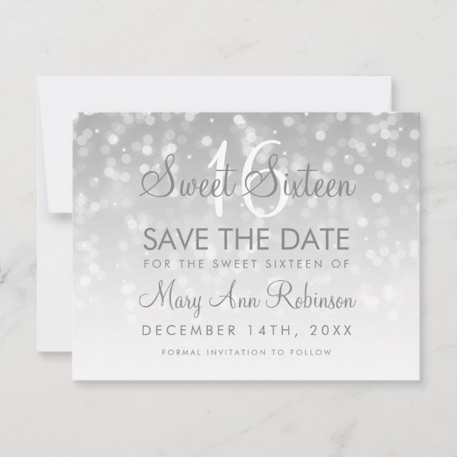 Reserve A Data Sweet 16 Save The Date Prata Bokeh Sparkle Lights (Frente)