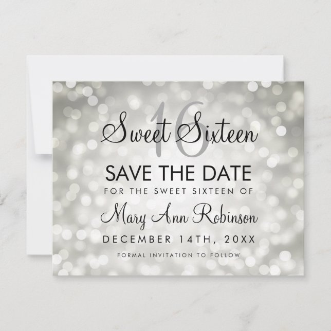 Reserve A Data Sweet 16 Save The Date Prata Glitter Lights (Frente)