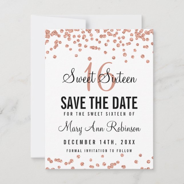 Reserve A Data Sweet 16 Save The Date Rosa Dourado Glitter Confet (Frente)