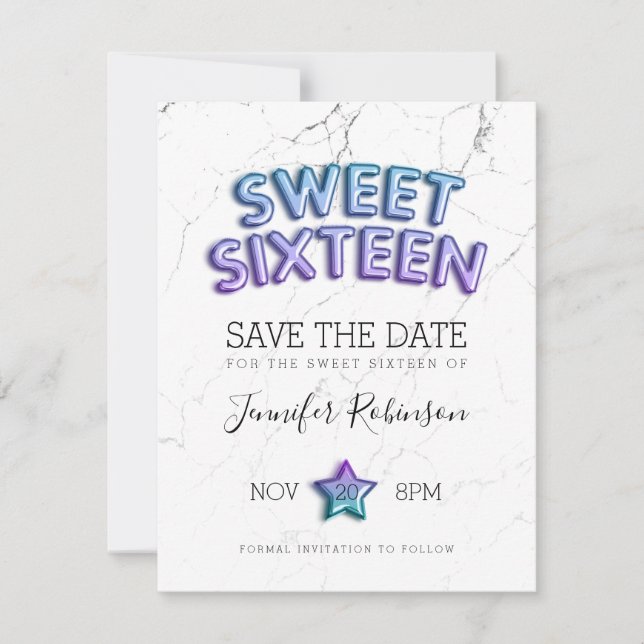 Reserve A Data Sweet 16 Save The Date Smermaid Balloons Glitter (Frente)