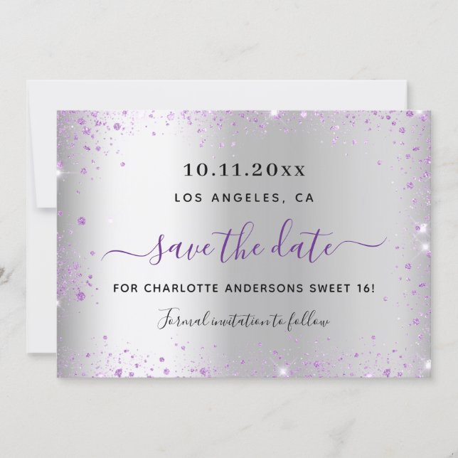 Reserve A Data Sweet 16 silver lavender save the date card (Frente)