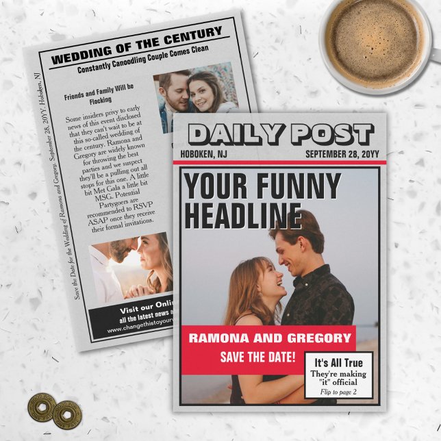 Reserve A Data Tabloide Engraçado Casamento Salve a Data (Fun funny tabloid newspaper save the date)