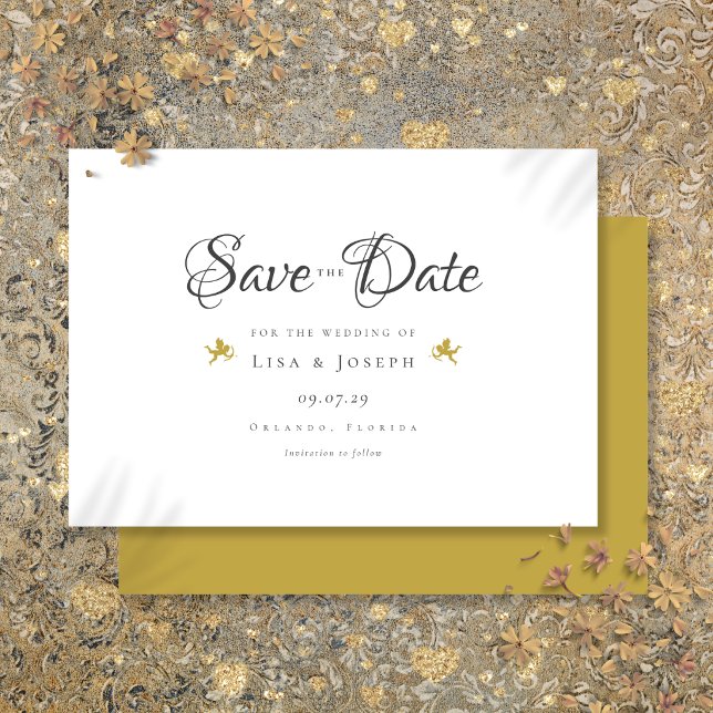 Reserve A Data Taças de Cupidos Casamento de Script Moderno e Ele (Gold Cupids Modern Elegant Script Wedding Save The Date
)