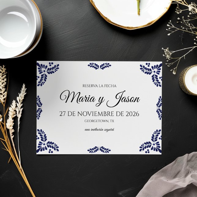 Reserve A Data Talavera Black Floral Minimalist Spanish Wedding (Talavera Black Floral Minimalist Spanish Wedding Save The Date)
