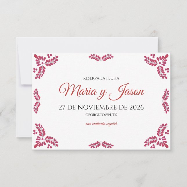 Reserve A Data Talavera Red Floral Minimalist Spanish Wedding (Frente)