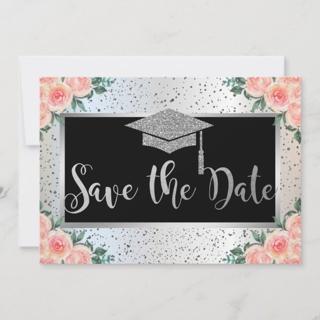 Reserve A Data Tampa de Graduação Prateada,Confetes Florais (Frente)