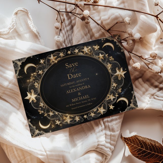 Reserve A Data Tarot Casamento Celestial Sol Lua Estrelas Dourado (Criador carregado)