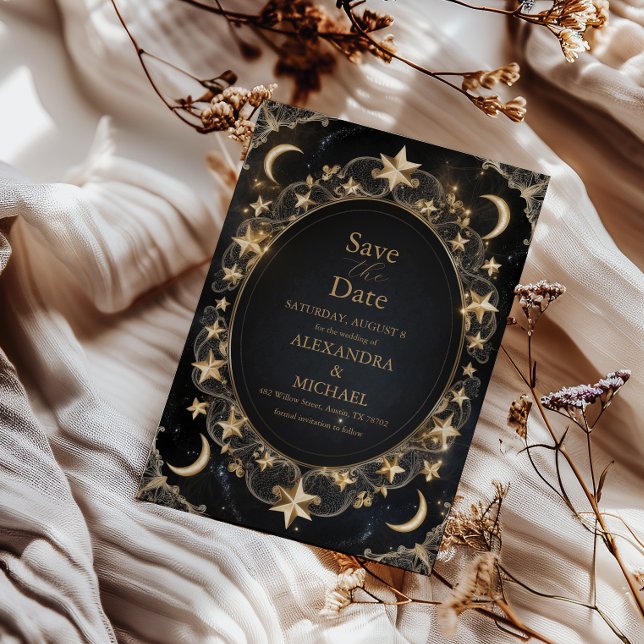Reserve A Data Tarot Casamento Celestial Sol Lua Estrelas Dourado (Criador carregado)