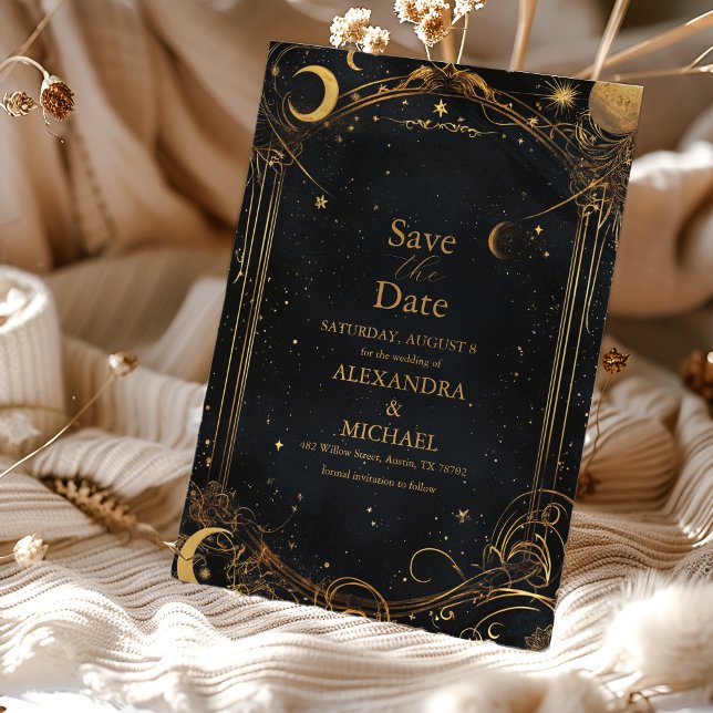 Reserve A Data Tarot Casamento Celestial Sol Lua Estrelas Dourado (Criador carregado)