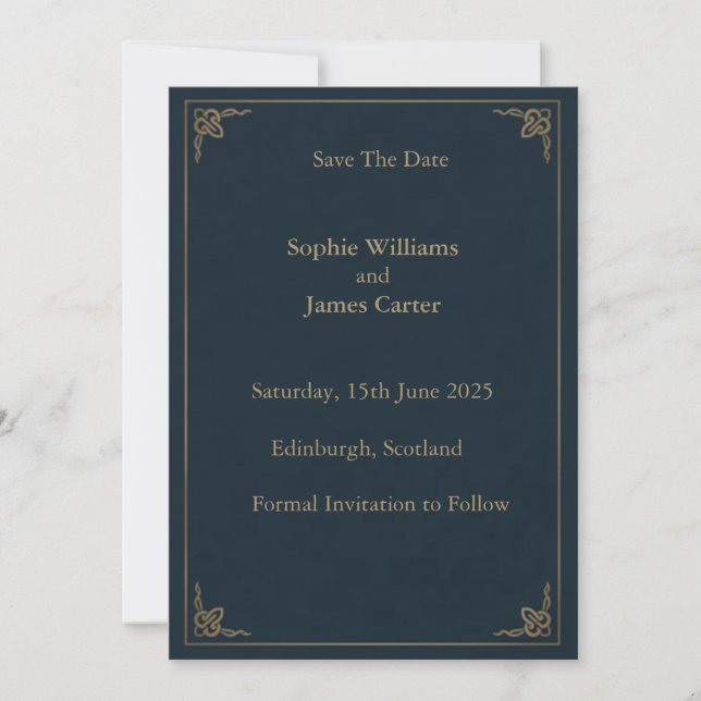 Reserve A Data Tartan Naval Dourado Casamento Espinho Escocês (Frente)