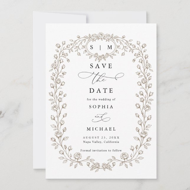 Reserve A Data Taupe Floral Line Art Save The Date Invitation (Frente)